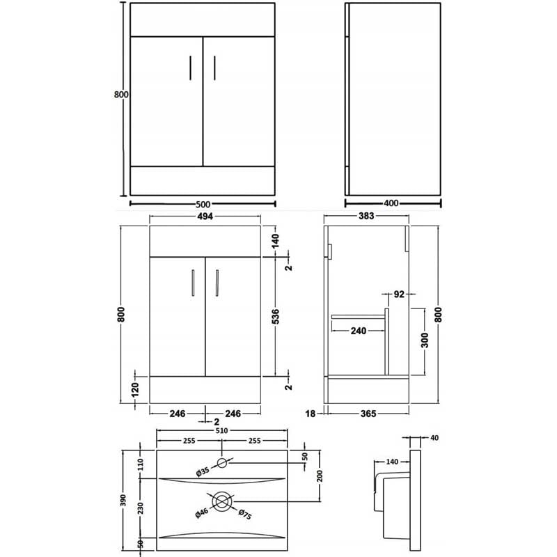 Nuie Eden Floor Standing 2-Door Vanity Unit with Basin-1 500mm Wide - Gloss White