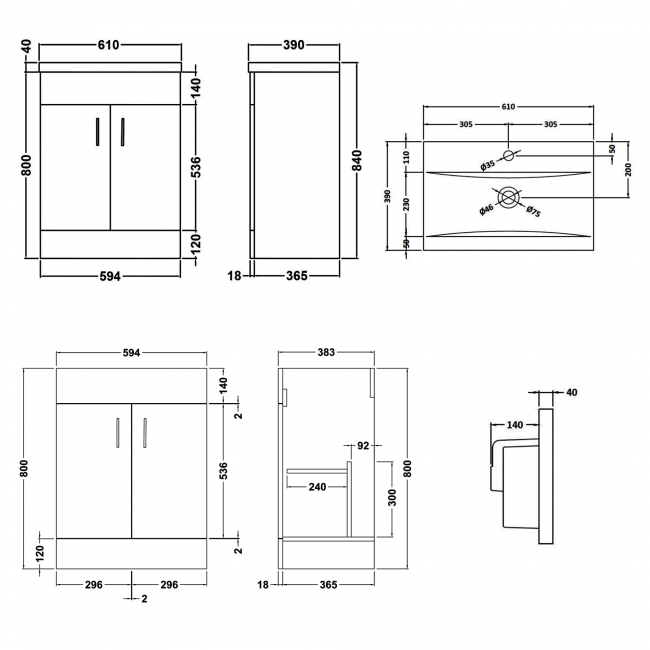 Nuie Eden Floor Standing 2-Door Vanity Unit with Basin-1 600mm Wide - Gloss White