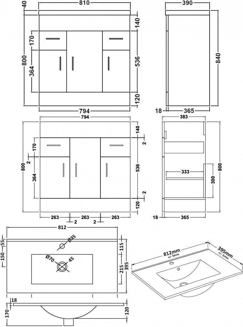 Nuie Eden Floor Standing 3-Door Vanity Unit and Basin-2 Gloss White - 800mm Wide