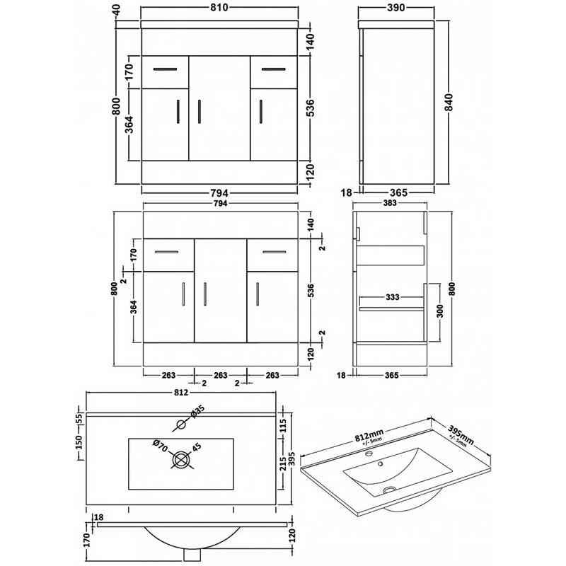 Nuie Eden Floor Standing 3-Door Vanity Unit and Basin-2 Gloss White - 800mm Wide
