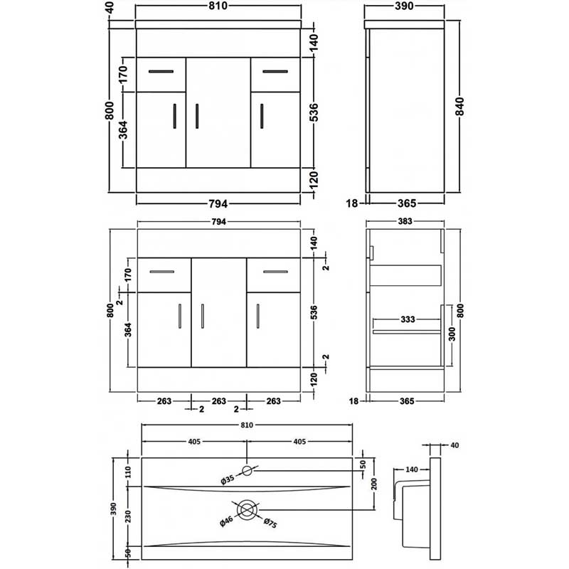 Nuie Eden Floor Standing 3-Door Vanity Unit and Basin-1 Gloss White - 800mm Wide