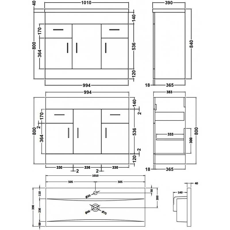 Nuie Eden Floor Standing 3-Door Vanity Unit and Basin-1 Gloss White - 1000mm Wide