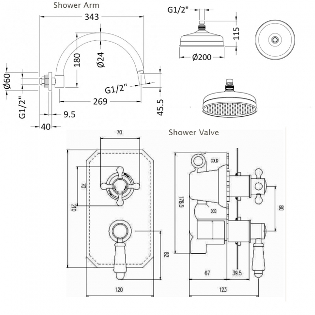 Nuie Edwardian Concealed Shower Mixer with Fixed Head - Chrome  | Dimension Image