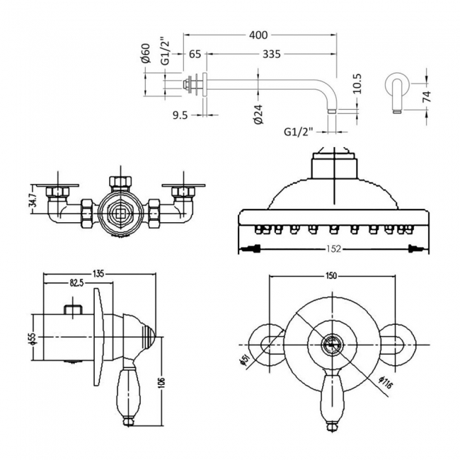 Nuie Edwardian Round Manual Concealed Shower Valve with Fixed Head and Arm - Chrome