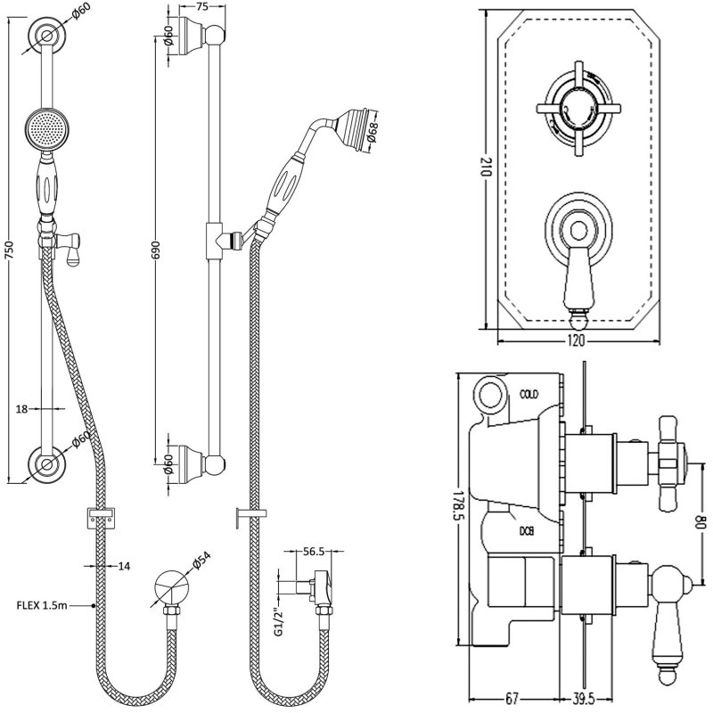 Nuie Edwardian Twin Square Thermostatic Concealed Shower Valve with Slider Rail Kit - Chrome