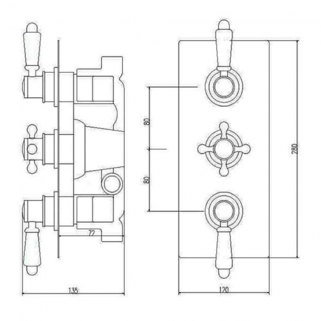 Nuie Edwardian Concealed Shower Valve Triple Handle - Chrome
