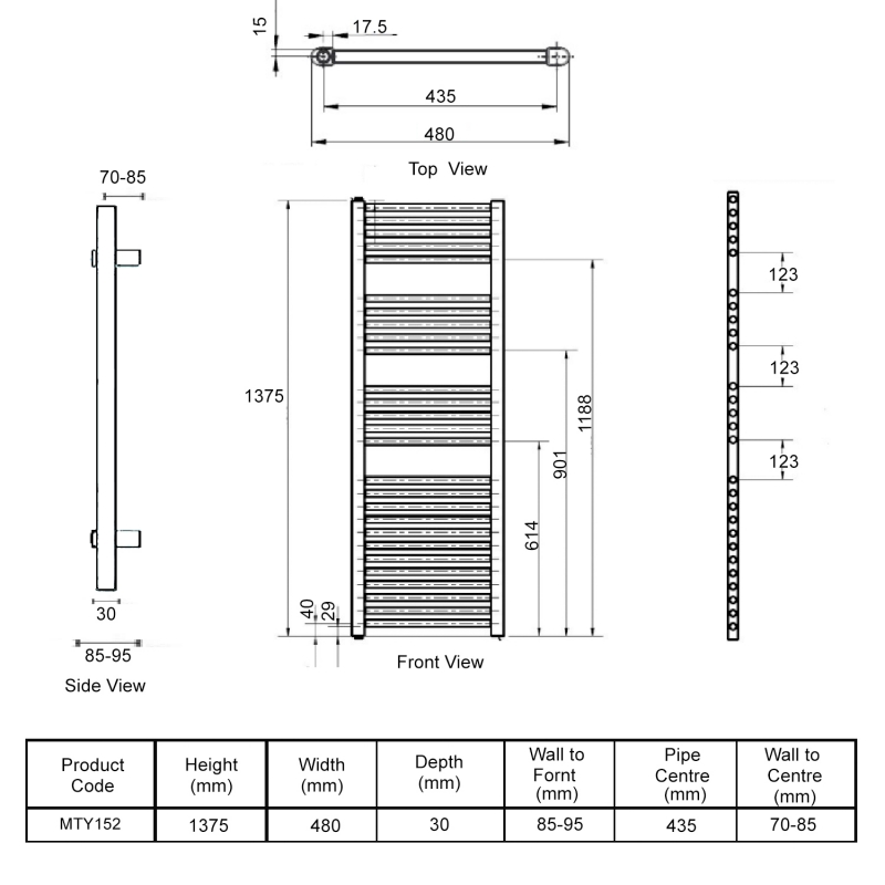 Nuie Round Bar Electric Heated Towel Rail 1375mm H x 480mm W - Chrome