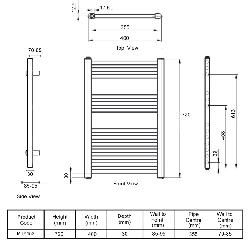 Nuie Round Bar Electric Heated Towel Rail 720mm H x 400mm W - Anthracite