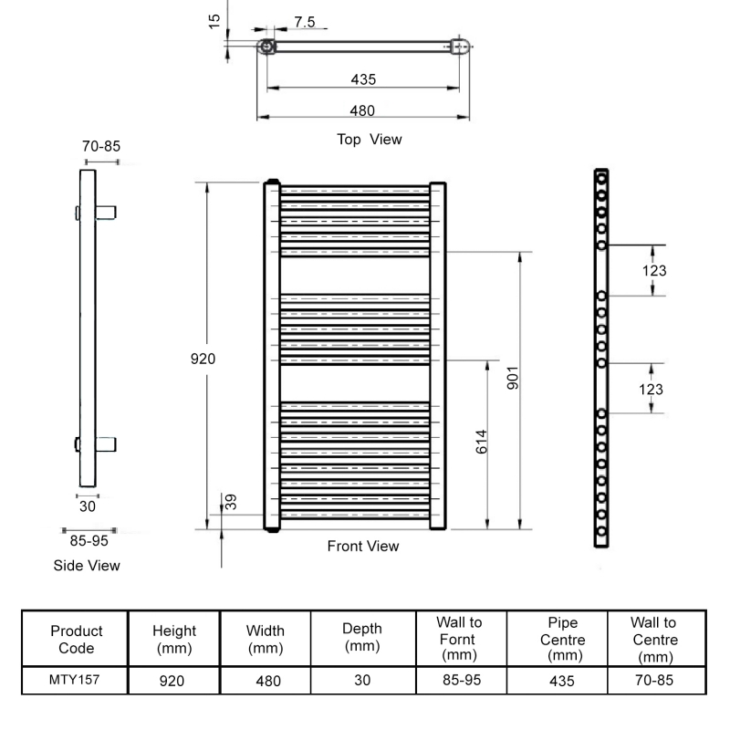 Nuie Round Bar Electric Heated Towel Rail 920mm H x 480mm W - White