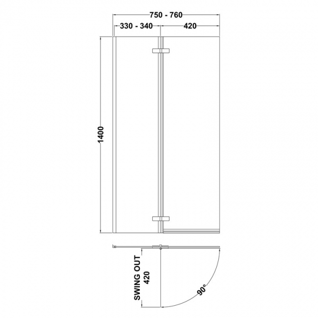 Nuie Ella Bath Screen with Hinged End Panel 1400mm H x 760mm W - 5mm Glass