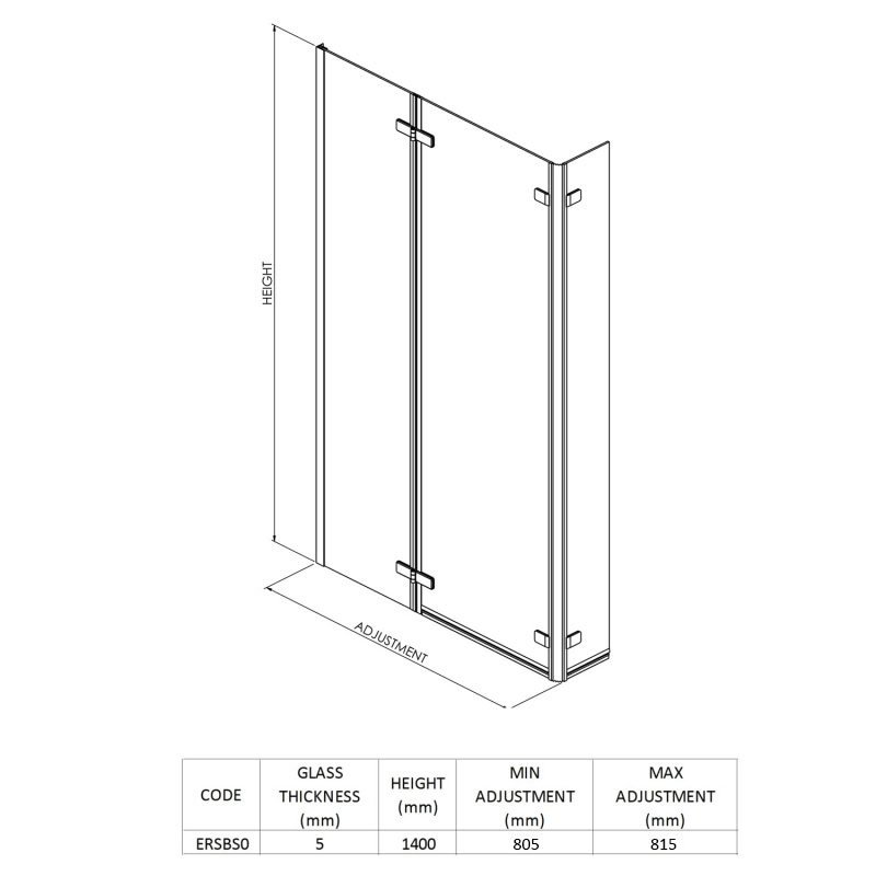 Nuie Ella Bath Screen with Hinged End Panel 1400mm H x 815mm W - 5mm Glass