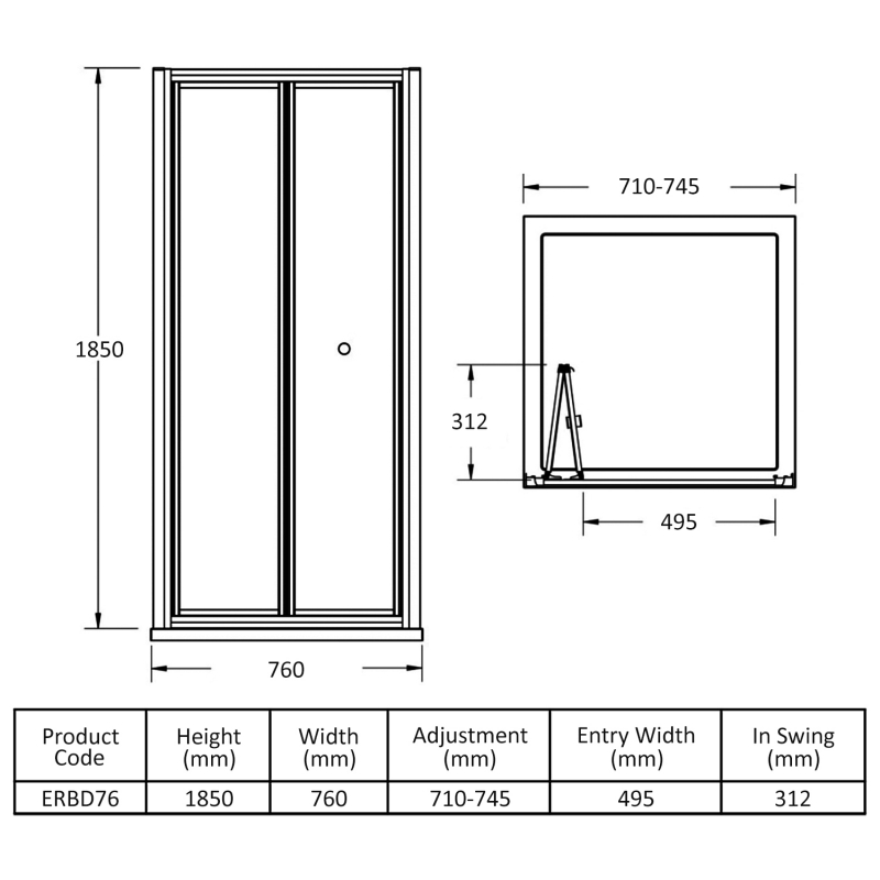 Nuie Ella Bi-Fold Shower Door 760mm Wide - 5mm Glass