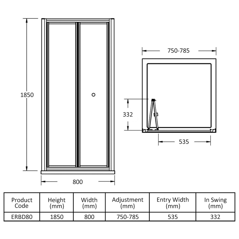 Nuie Ella Bi-Fold Shower Door 800mm Wide - 5mm Glass