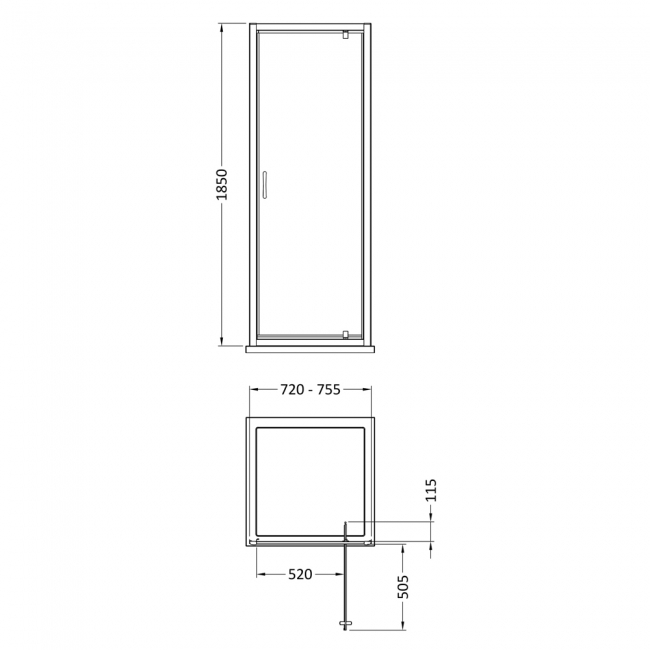 Nuie Ella Pivot Shower Door 760mm Wide Chrome Profile - 5mm Glass