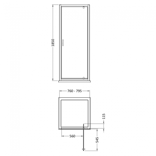 Nuie Ella Pivot Shower Door 800mm Wide Chrome Profile - 5mm Glass