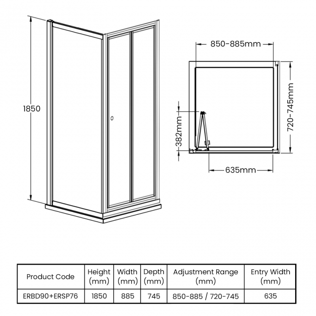 Nuie Ella Bi-Fold Door Rectangular Shower Enclosure 900mm x 760mm - 5mm Glass  | Dimension Image