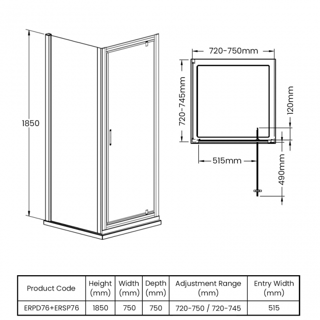 Nuie Ella Pivot Door Square Shower Enclosure 760mm x 760mm - 5mm Glass