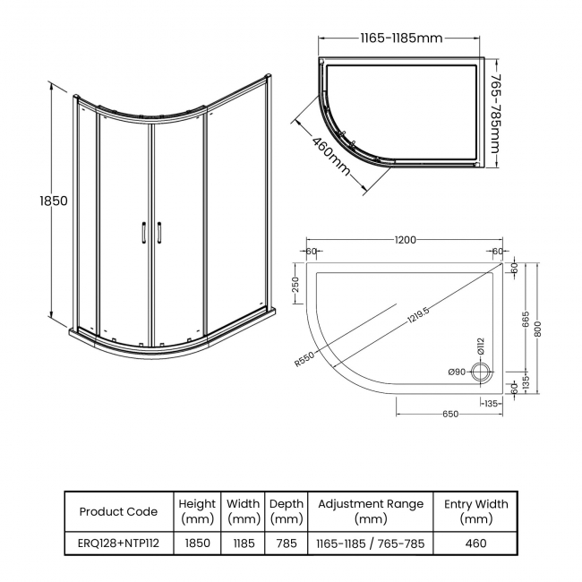 Nuie Ella Offset Quadrant Shower Enclosure 1200mm x 800mm with Tray LH - 5mm Glass  | Dimension Image