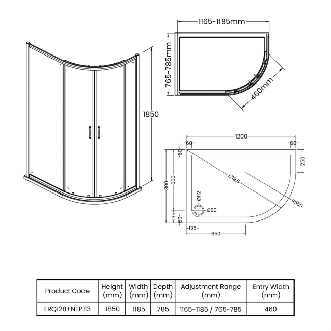 Nuie Ella Offset Quadrant Shower Enclosure 1200mm x 800mm with Tray RH - 5mm Glass  | Dimension Image