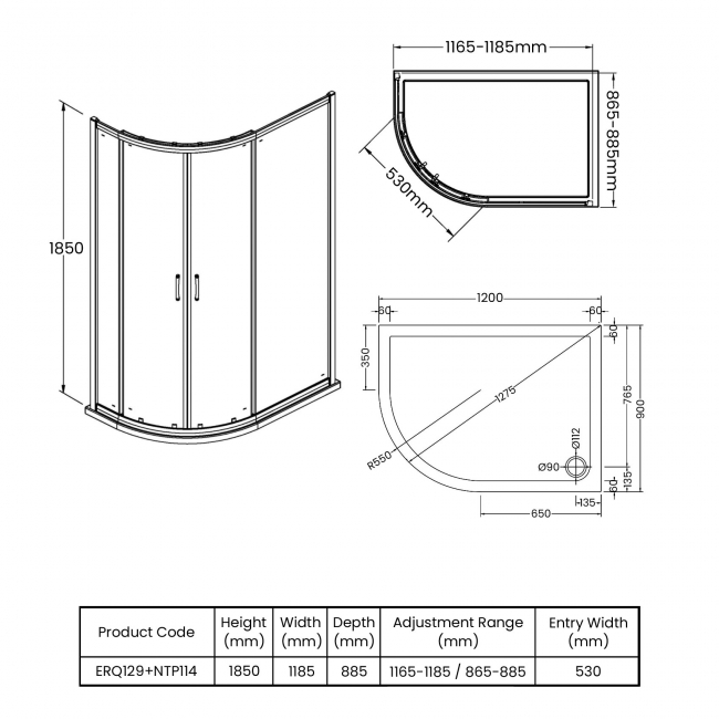Nuie Ella Offset Quadrant Shower Enclosure 1200mm x 900mm with Tray LH - 5mm Glass  | Dimension Image