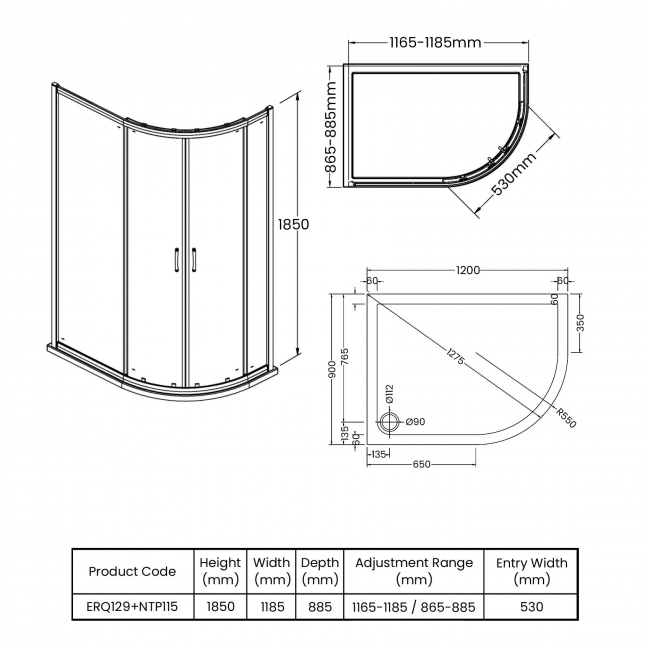 Nuie Ella Offset Quadrant Shower Enclosure 1200mm x 900mm with Tray RH - 5mm Glass  | Dimension Image