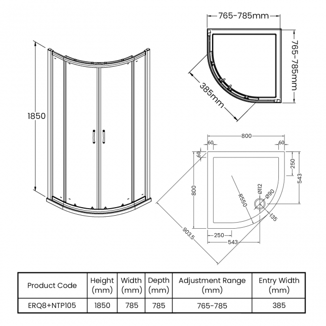 Nuie Ella Quadrant Shower Enclosure with Tray 800mm x 800mm - 5mm Glass
