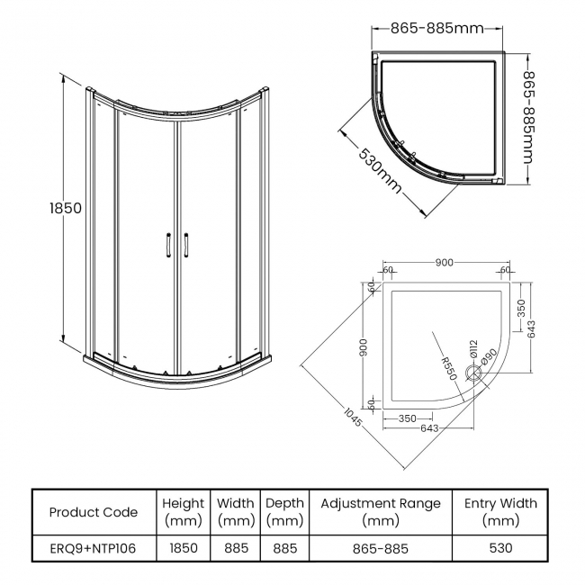 Nuie Ella Quadrant Shower Enclosure with Tray 900mm x 900mm - 5mm Glass