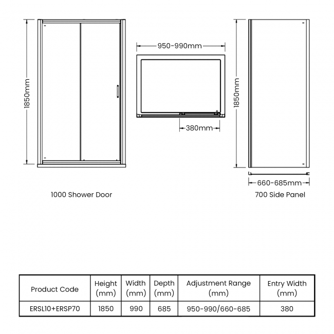 Nuie Ella Sliding Door Rectangular Shower Enclosure 1000mm x 700mm - 5mm Glass