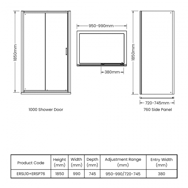 Nuie Ella Sliding Door Rectangular Shower Enclosure 1000mm x 760mm - 5mm Glass