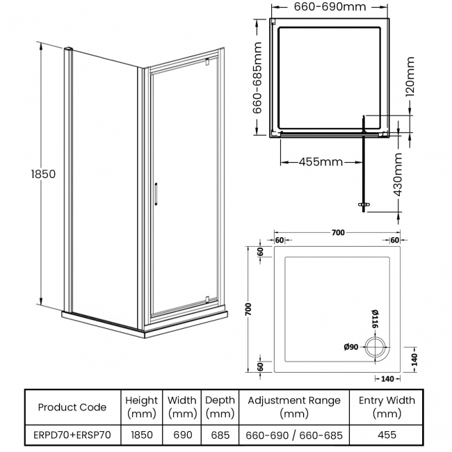 Nuie Ella Pivot Shower Enclosure 700mm x 700mm with Tray - 5mm Glass  | Dimension Image