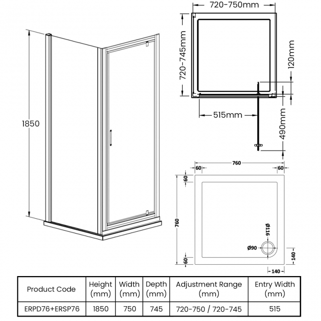Nuie Ella Pivot Shower Enclosure 760mm x 760mm with Tray - 5mm Glass