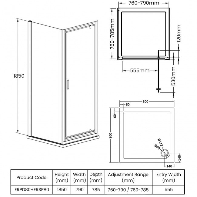 Nuie Ella Pivot Shower Enclosure 800mm x 800mm with Tray - 5mm Glass  | Dimension Image