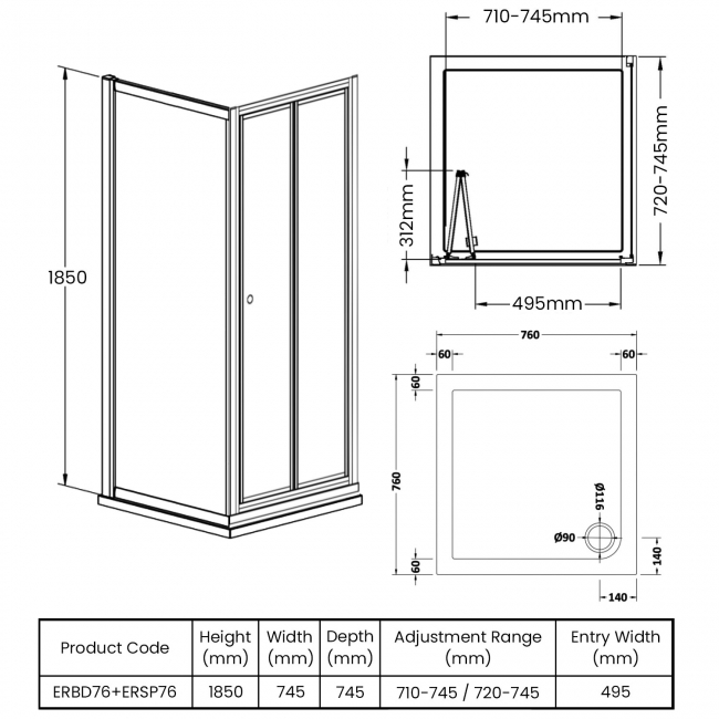 Nuie Ella Bi-Fold Shower Enclosure 760mm x 760mm with Tray - 5mm Glass  | Dimension Image