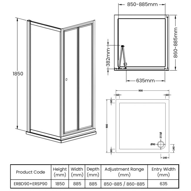 Nuie Ella Bi-Fold Shower Enclosure 900mm x 900mm with Tray - 5mm Glass  | Dimension Image