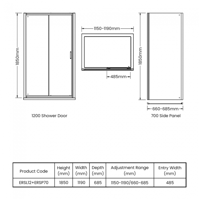Nuie Ella Sliding Door Rectangular Shower Enclosure 1200mm x 700mm - 5mm Glass