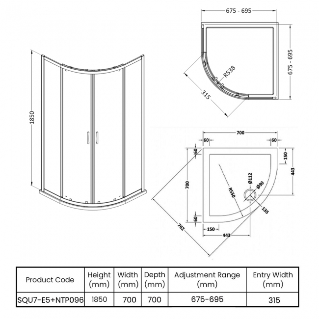 Nuie Ella Quadrant Shower Enclosure with Tray 700mm x 700mm - 5mm Glass  | Dimension Image