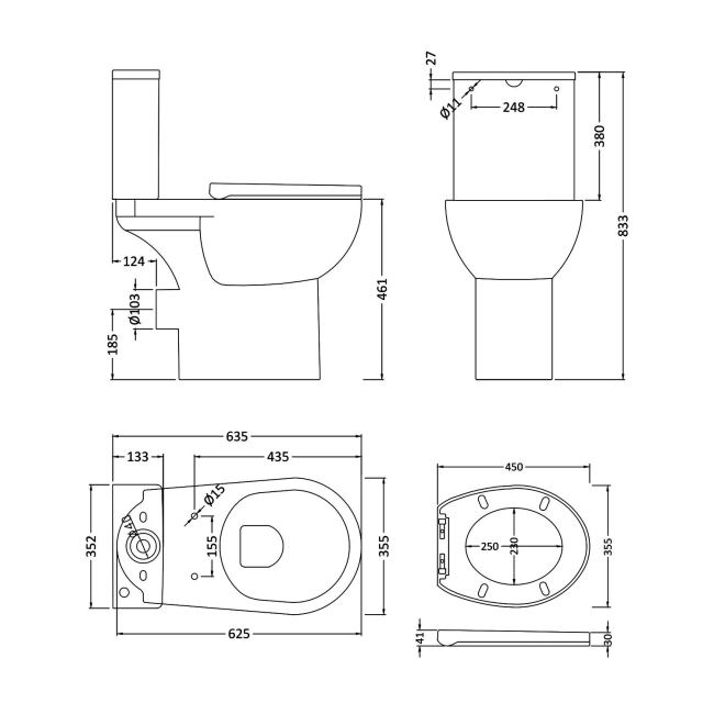 Nuie Fay Rimless Comfort Height Close Coupled Toilet with Push Button Cistern - Soft Close Seat  | Dimension Image