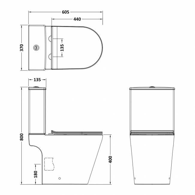 Nuie Fenton Rimless Open Back Close Coupled Toilet with Push Button Cistern - Soft Close Seat  | Dimension Image
