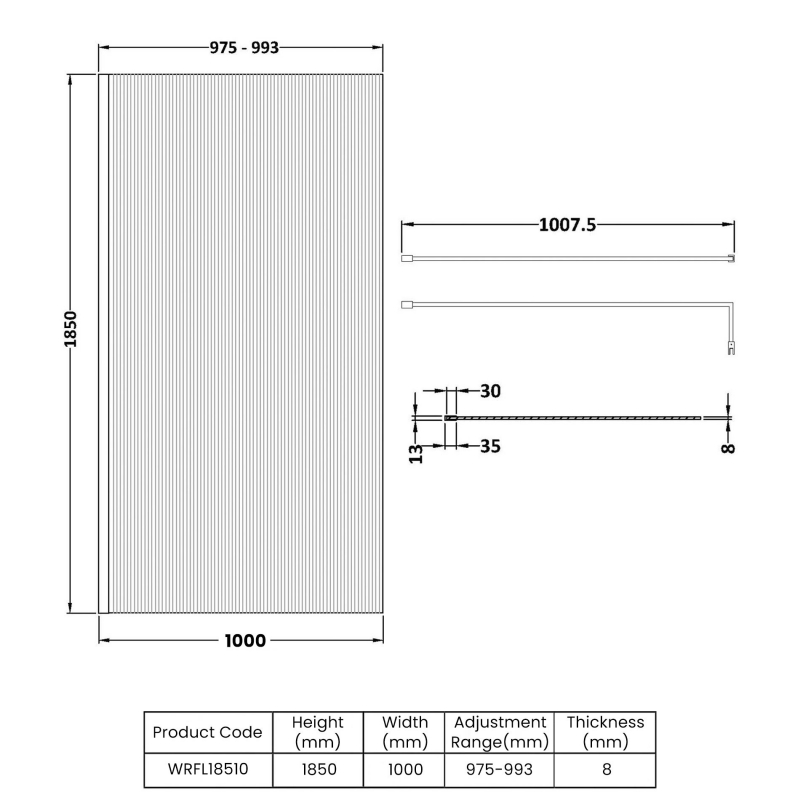 Nuie Fluted Wet Room Screen 1850mm High x 1000mm Wide with Support Bar 8mm Glass - Polished Chrome