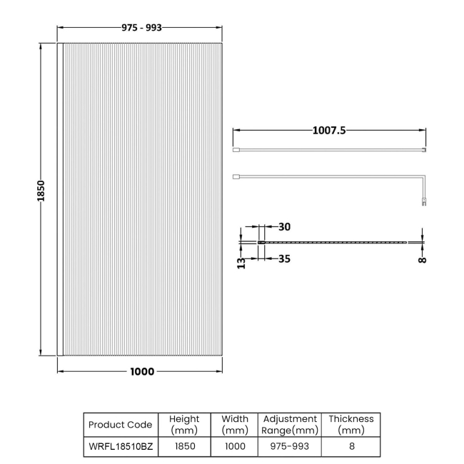 Nuie Fluted Wet Room Screen 1850mm High x 1000mm Wide with Support Bar 8mm Glass - Brushed Bronze  | Dimension Image