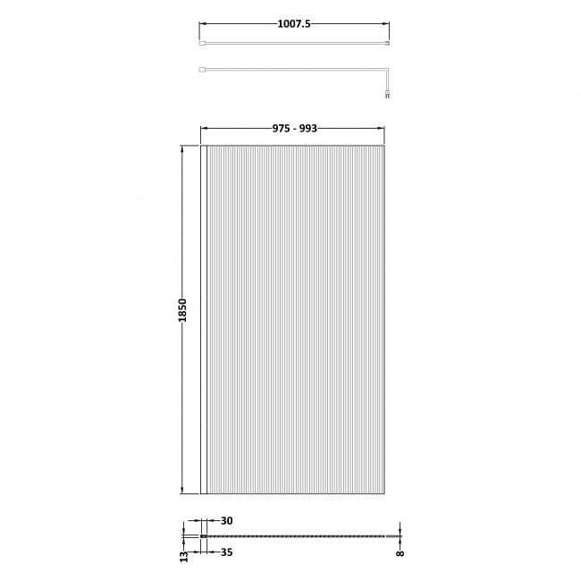 Nuie Fluted Wet Room Screen 1850mm High x 1000mm Wide with Support Bar 8mm Glass - Brushed Pewter  | Dimension Image