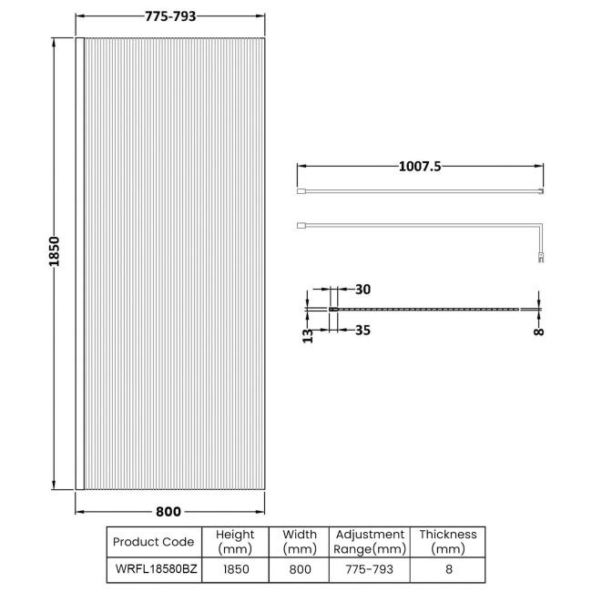 Nuie Fluted Wet Room Screen 1850mm High x 800mm Wide with Support Bar 8mm Glass - Brushed Bronze  | Dimension Image