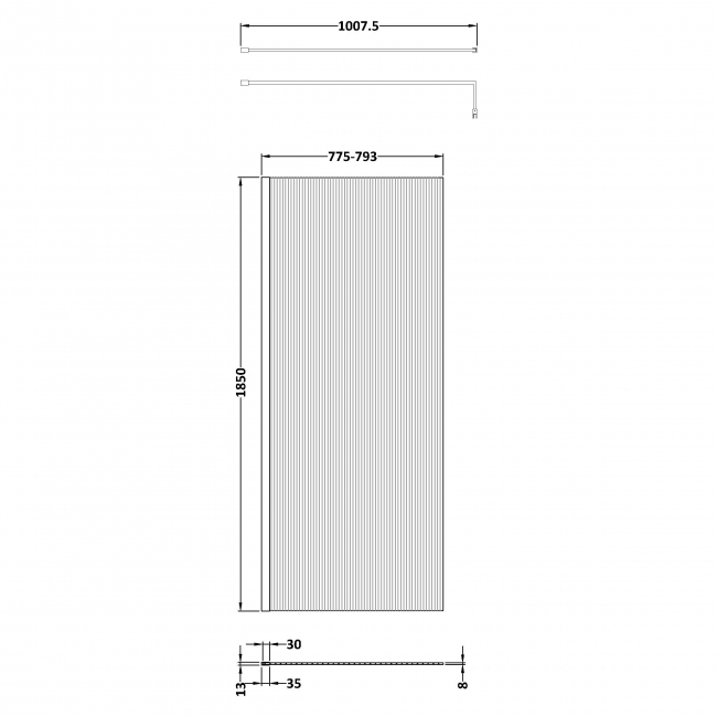 Nuie Fluted Wet Room Screen 1850mm High x 800mm Wide with Support Bar 8mm Glass - Brushed Pewter  | Dimension Image