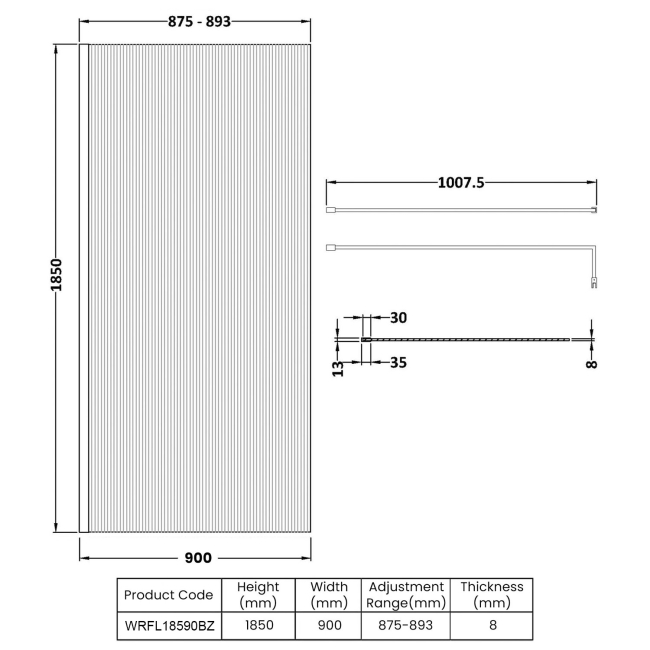 Nuie Fluted Wet Room Screen 1850mm High x 900mm Wide with Support Bar 8mm Glass - Brushed Bronze  | Dimension Image