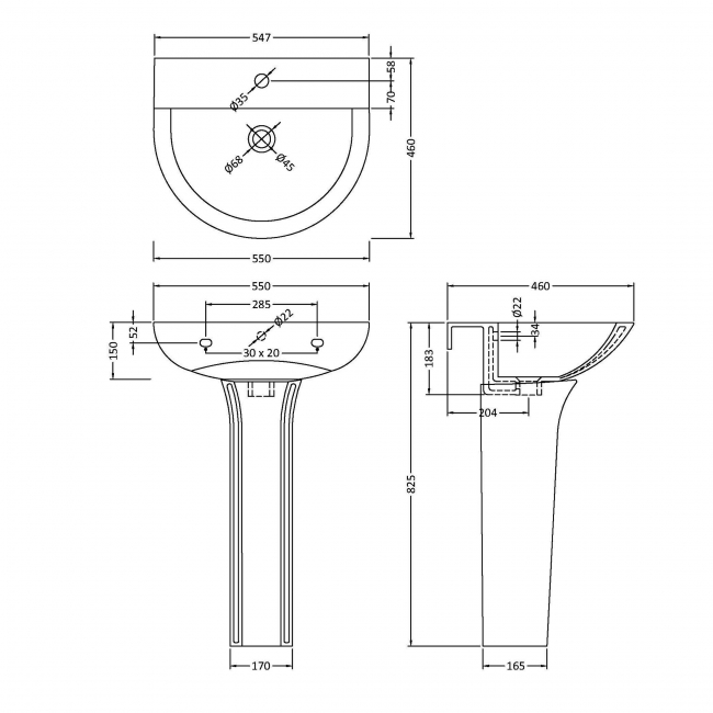 Nuie Freya Basin and Full Pedestal 550mm Wide - 1 Tap Hole
