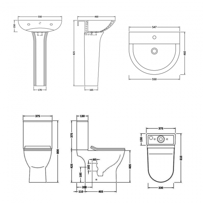Nuie Freya Bathroom Suite Close Coupled Toilet and Basin 560mm - 1 Tap Hole
