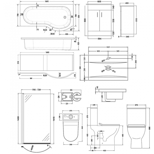Nuie Freya Complete Furniture Suite with 600mm Vanity Unit and P-Shaped Shower Bath 1700mm RH