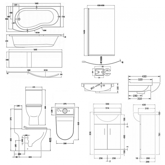 Nuie Freya Complete Furniture Suite with Vanity Unit and B-Shaped Shower Bath 1700mm LH