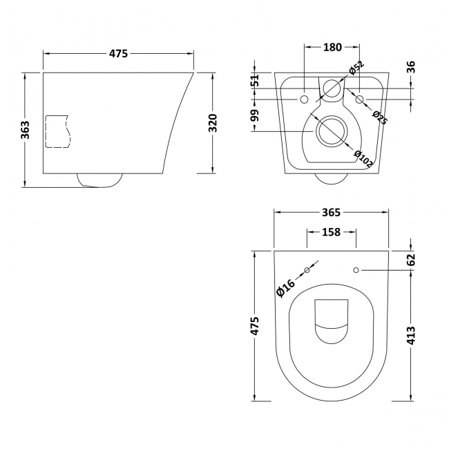 Nuie Fenton Rimless Wall Hung Toilet - Slim Sandwich Soft Close Seat