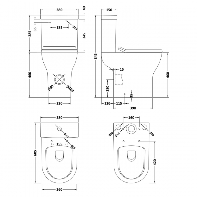 Nuie Freya Comfort Height Close Coupled Rimless Toilet Pan with Push Button Cistern - Soft Close Seat